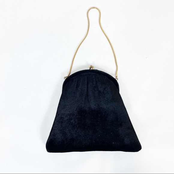 Vintage Ande’ Black Velvet Clutch Handbag With Gold Chain Kiss Clasp Closure - Picture 1 of 5